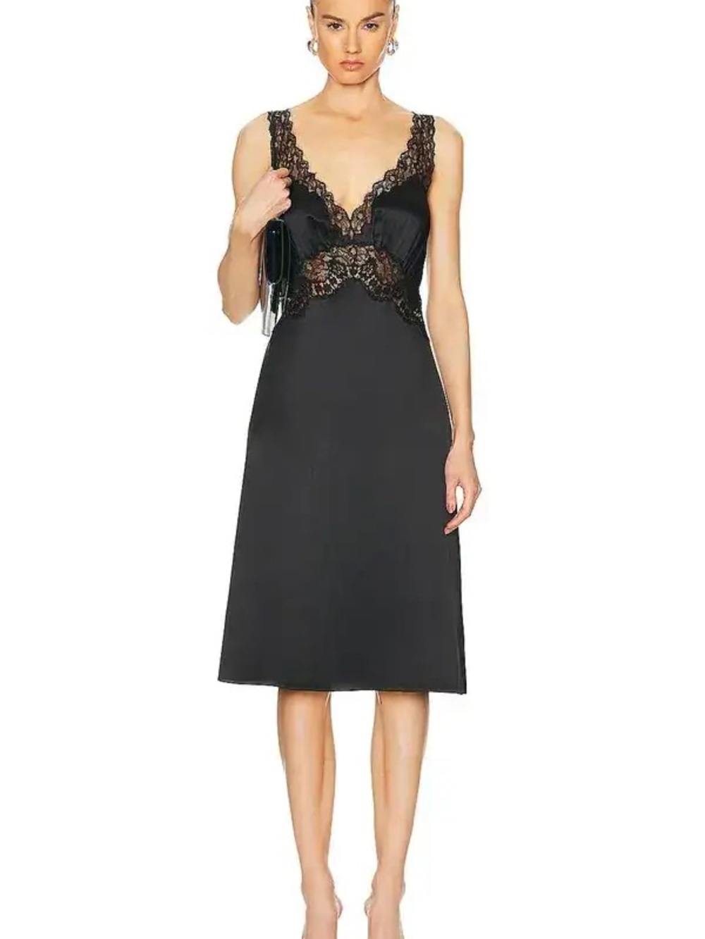 Saint Laurent Black Lace-Trim Midi Slip Dress